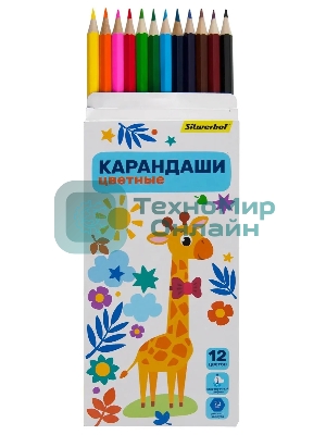 Карандаши цветные Silwerhof Веселые друзья 2.65мм, шестигранный профиль, дерево, ассорти, 12 цветов, коробка с европодвесом