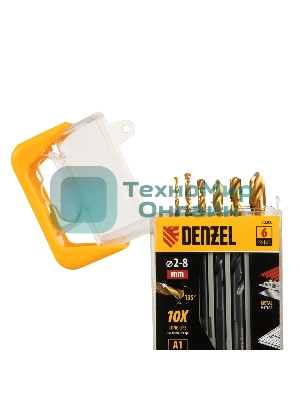 Набор сверл по металлу Denzel 2-3-4-5-6-8 мм, HSS-Tin, Golden Tip, 6 шт