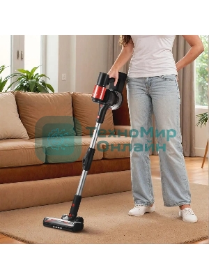 Пылесос вертикальный Kitfort КТ-5389 черный/красный, питание от аккумулятора, 225 Вт, уборка сухая, пылесборник 1 л