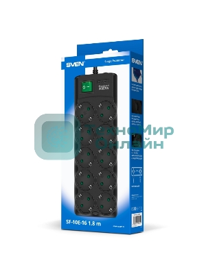 Сетевой фильтр SVEN SF-10E-16 1,8 м (10 розеток) черный
