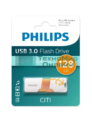 Флешка USB PHILIPS CITI3.0 (FM12FD135B/97), 128Gb, USB 3.0, R/W 100/45, белый/оранжевый