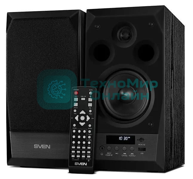 Акустическая система 2.0 SVEN MC-10, чёрный, мощность 2x25Вт (RMS), FM-тюнер, USB/microSD, дисплей, пульт ДУ, Bluetooth SVEN MC-10, чёрный, акустическая система 2.0, мощность 2x25Вт (RMS), FM-тюнер, USB/microSD, дисплей, пульт ДУ, Bluetooth
