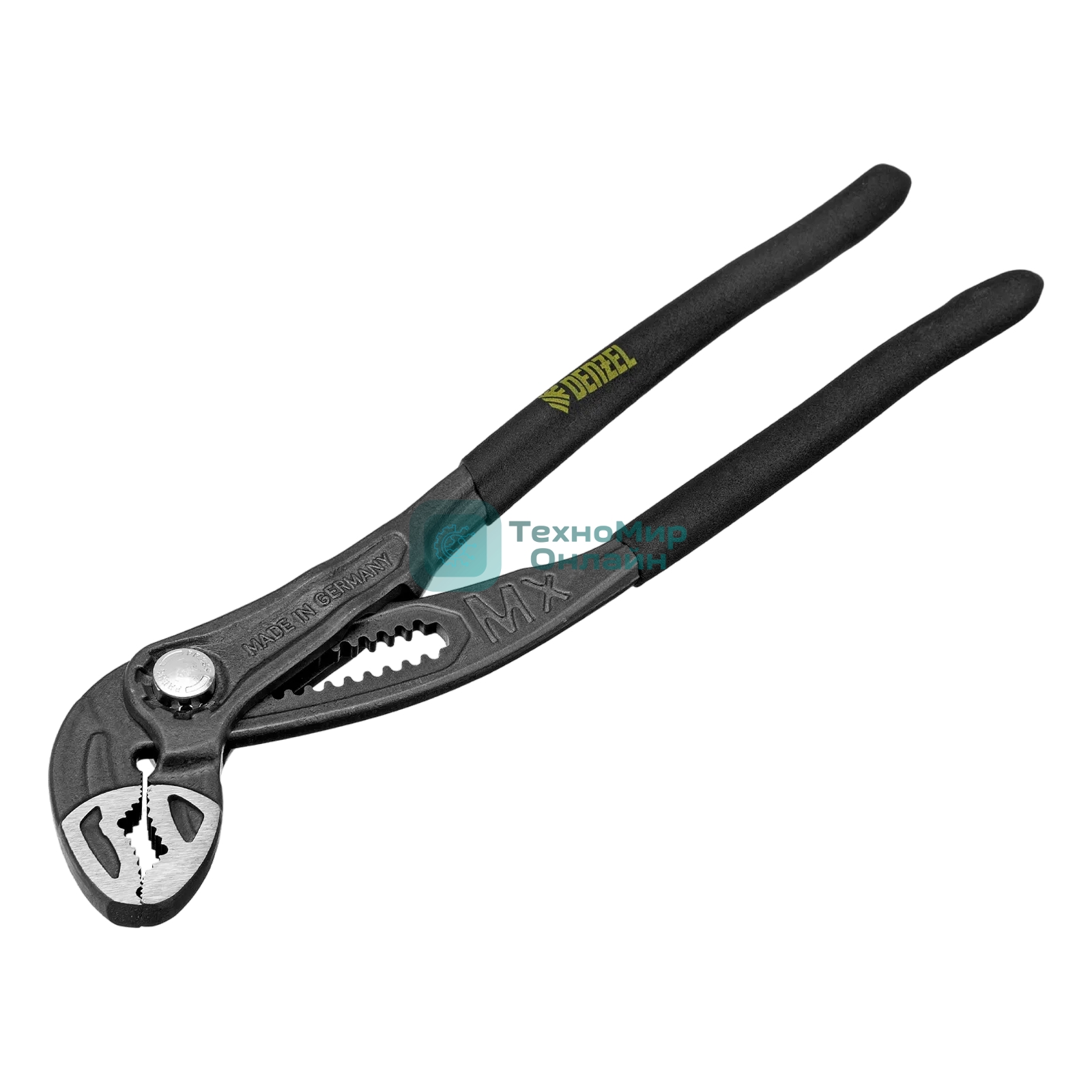 Клещи переставные Denzel кнопочный механизм, обливные рукоятки, 250 мм