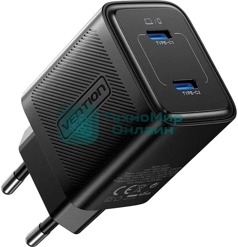 Сетевое зарядное устройство Vention на 2 порт USB С+C GaN 45W Черный