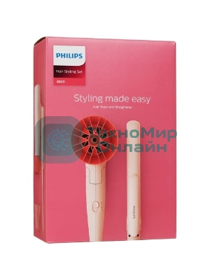 Набор для укладки волос Фен Philips BHP398/00 розовый, 1600 Вт, компактный + выпрямитель