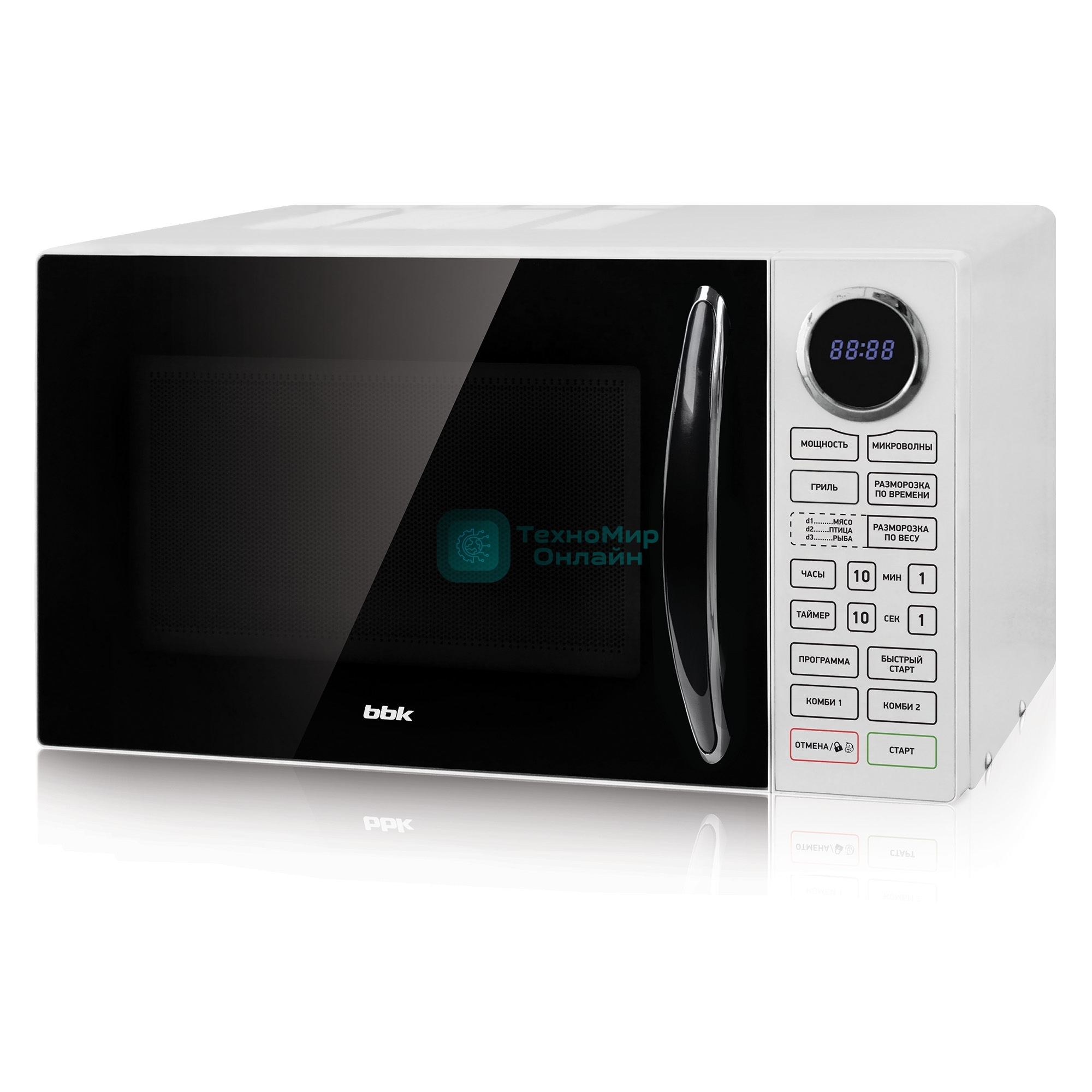 Микроволновая печь BBK 23MWG-930S/BW белый/черный, 23 л, 900 Вт, переключатели - сенсор