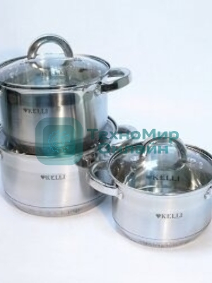 Набор посуды из нержавеющей стали со стеклянными крышками Kelli KL-4246 6 пред. 16 см -2,1; 18- см-2,9; 20 см-3,9 литра. 7-ми слойное капсульное дно. Индукция