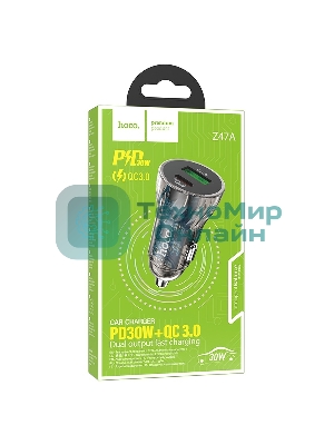 Автомобильная зарядка HOCO Z47A прозрачный 1xUSB-1xUSB-C, 3А PD30W QC3.0, черный