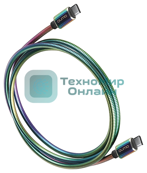 Кабель Qumo, Type С - Type C, USB 3.0, 1,2м, 5-20В, 5А, 100 Вт, опл. металл. пружинка, кон. металл, rainbow