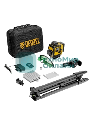 Лазерный уровень мультипризменный Denzel DLV 360-4T, 30 м, зеленый луч, Li-Ion 2,4 Aч, штатив