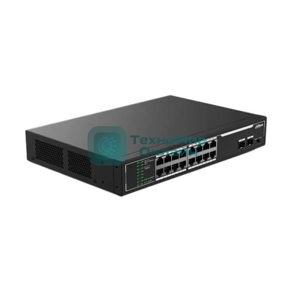 Коммутатор неуправляемый 18-портовый DAHUA DH-SF1018LP с РоЕ, 16xRJ45 100Mb PoE, 2xRJ45 1Gb, суммарно 135Вт, коммутация 7.2 Гбит/с, MAC-таблица 8К, металл