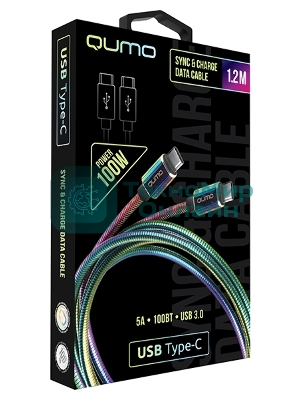 Кабель Qumo, Type С - Type C, USB 3.0, 1,2м, 5-20В, 5А, 100 Вт, опл. металл. пружинка, кон. металл, rainbow