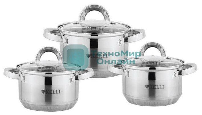 Набор посуды из нержавеющей стали со стеклянными крышками Kelli KL-4246 6 пред. 16 см -2,1; 18- см-2,9; 20 см-3,9 литра. 7-ми слойное капсульное дно. Индукция