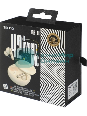 Наушники TWS Tecno True 1 (TU01) белый (кремовый), внутриканальные, Bluetooth, адаптивное шумоподавление, до 6 ч