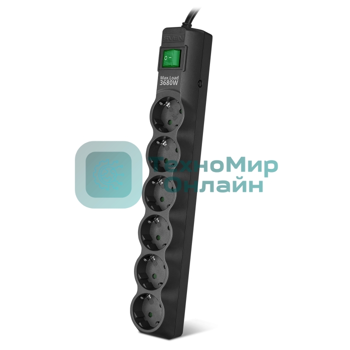 Сетевой фильтр SVEN SF-06E-16 3,0 м (6 розеток с защитными шторками,16А) черный, цветная коробка
