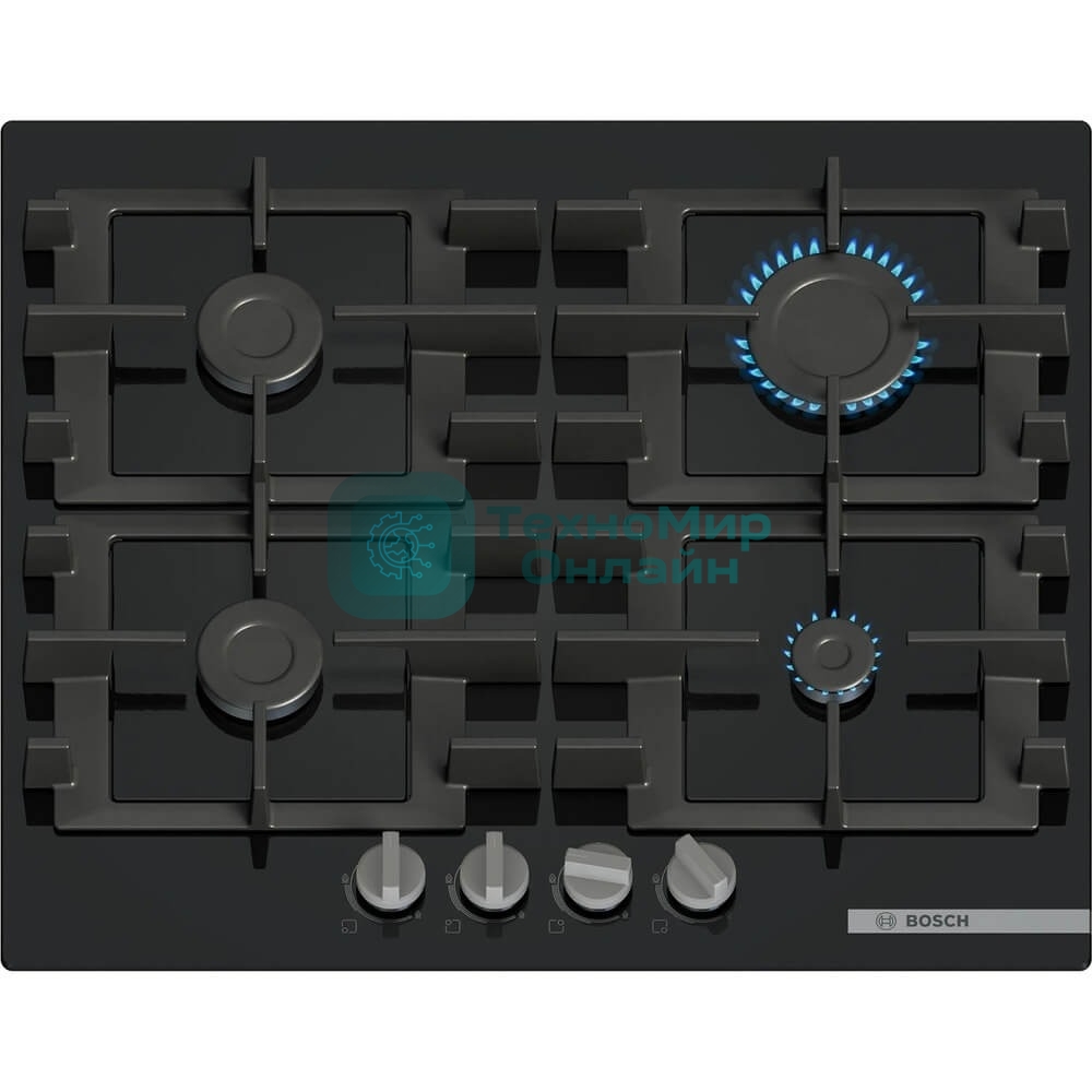 Поверхность газовая Bosch PNP6B6K40 Газ, 4.5х59x52 см, закаленное стекло, 4 конфорки, газ-контроль, автоподжиг, черный