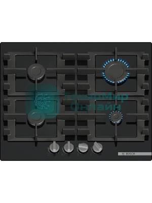 Поверхность газовая Bosch PNP6B6K40 Газ, 4.5х59x52 см, закаленное стекло, 4 конфорки, газ-контроль, автоподжиг, черный