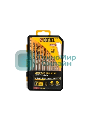 Набор сверл по металлу Denzel 1,5-6,5мм, Р6М5-TiN, Golden Tip, 13 шт