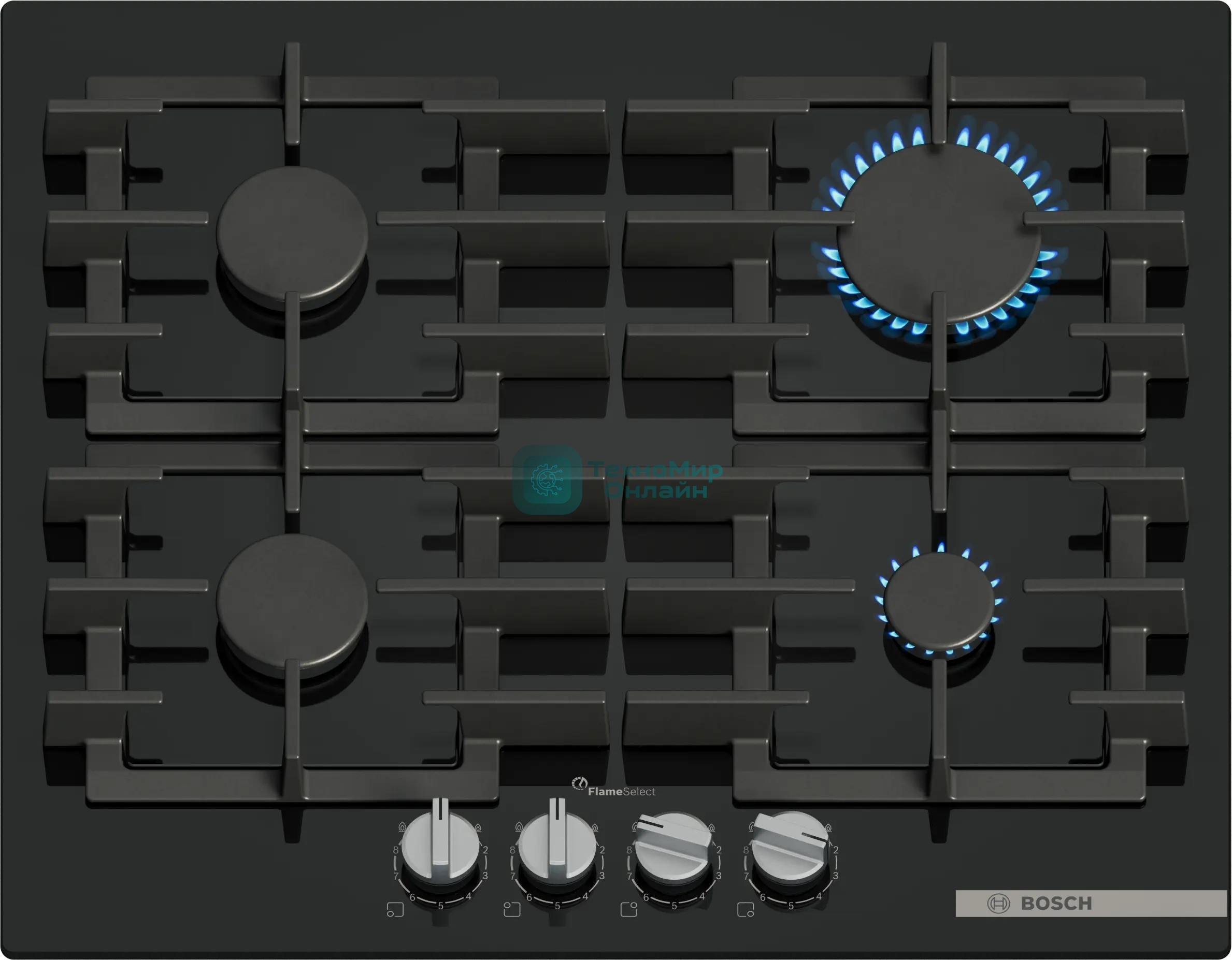 Газовая варочная панель Bosch 60 см, закаленное стекло, независимая, черная