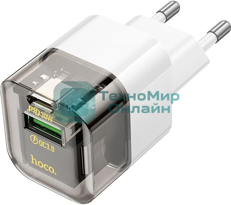 Сетевое зарядное устройство HOCO C131A Platinum 1USB+1Type-C 3.0A QC3.0 PD 30W Transparent черный