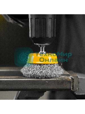 Щетка для дрели Denzel 65 мм, чашка, со шпилькой, нержавеющая витая проволока