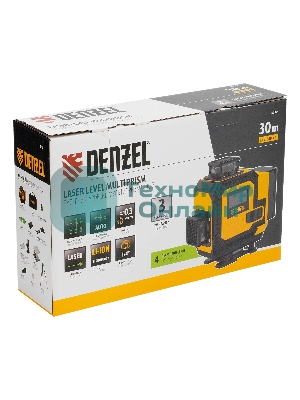 Лазерный уровень мультипризменный Denzel DLV 360-4T, 30 м, зеленый луч, Li-Ion 2,4 Aч, штатив