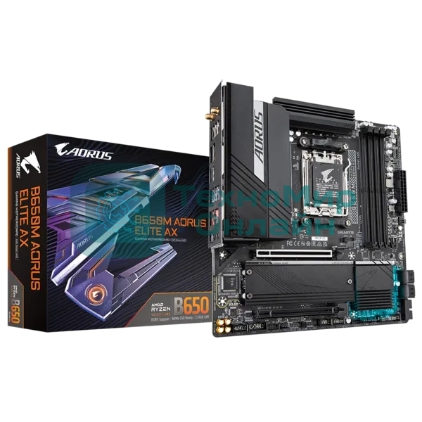 Материнская плата Gigabyte B650M AORUS ELITE AX, AM5, AMD B650, 4xDDR5, 4xSATA, 2xM.2, 1xPCI-E 5.0 x4, 1xPCI-E 4.0 x16, 1xHDMI, 1xDP, 1x 2.5Gb LAN, 4xUSB-A 2.0, 5xUSB-A 3.2 Gen 1, 2xUSB-A 3.2 Gen 2, 1xUSB-C 3.2 Gen 2, 2x3.5 мм, 7.1, Micro-ATX