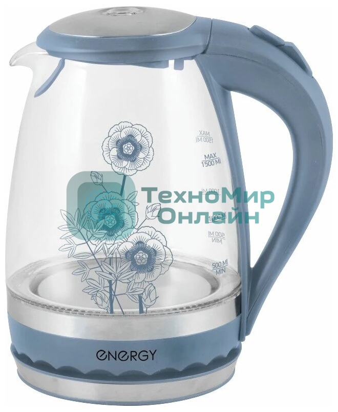 Чайник электрический Energy E-279 стеклянный, 1.5л, синий,1850-2200 Вт, (в уп. 6 шт)