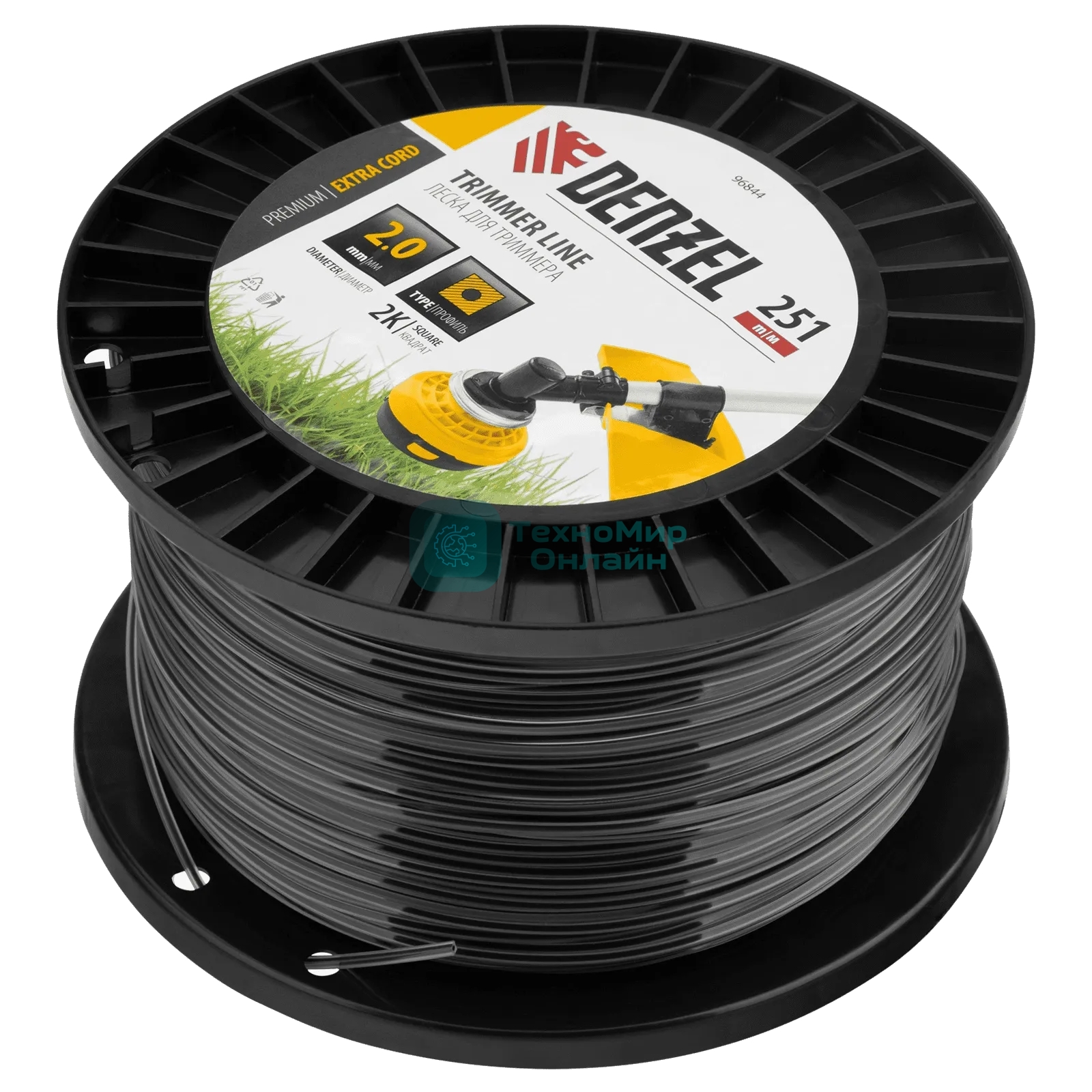 Леска для триммера Denzel двухкомпонентная, квадрат, 2,0 мм х 251 м, на DIN катушке EXTRA CORD