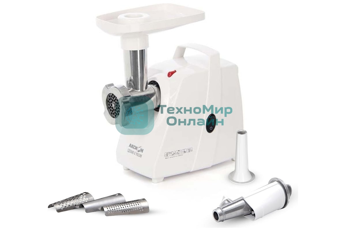 Мясорубка электрическая Аксион М34.04 белый, 1500 Вт, 1.7 кг/мин, защита от перегрузки, насадки - 6