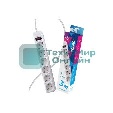 Удлинитель с сетевым фильтром Космос 6х3 м с заземл. 16А IP20 3.5 кВт с предохранителем 3х1 индикатор сети белый