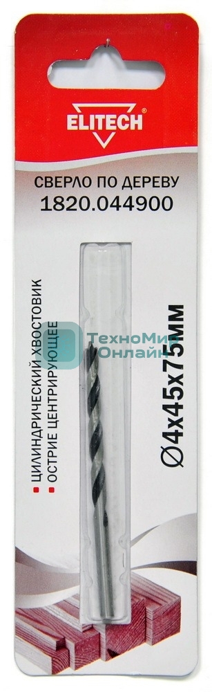 Сверло Elitech 1820.044900 по дереву Д=4 мм Дл=75 мм (1 пред.) для дрелей