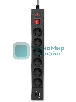Удлинитель с сетевым фильтром 6х1.8 м с заземл. 10А IP20 BU-SP1.8 USB 2A CCA 3х0.75 2USB черный BURO 992310