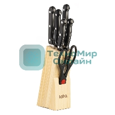 Набор ножей LARA LR05-53 7 предметов: ДЕРЕВЯННАЯ ПОДСТАВКА + 5 ножей + ножницы, нержавеющая сталь 2CR13