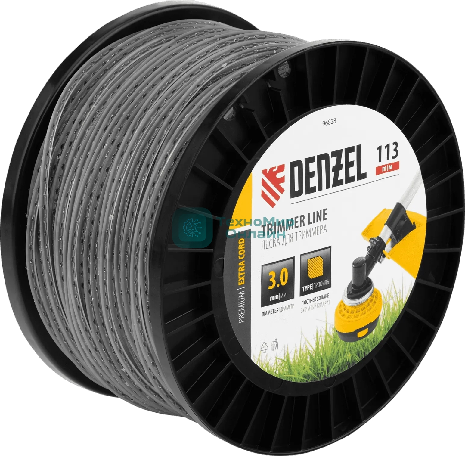Леска для триммера Denzel двухкомпонентная, зубчатый квадрат, 3,0 мм х 113 м, на DIN кат. EXTRA CORD