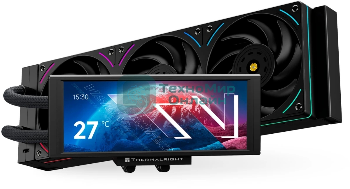 Водяное охлаждение для процессора Thermalright Trofeo Vision 360 (360mm, LED, Black, ARGB/Fans: 3x120mm, 69CFM, 27dBA, 2150RPM/Pump height 102mm, 6400RPM, Rad thickness 27mm/S: 1700, 1200, 1851, 115X, 2011, 2066, AM5, AM4)