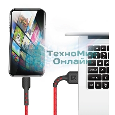 Кабель Defender F181, USB 2.0 (AM) - microUSB 2.0 (BM), 1 м, 2.4А, нейлоновая оплетка, красный.