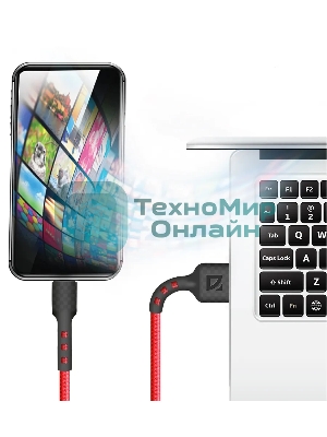 Кабель Defender F181, USB 2.0 (AM) - microUSB 2.0 (BM), 1 м, 2.4А, нейлоновая оплетка, красный.