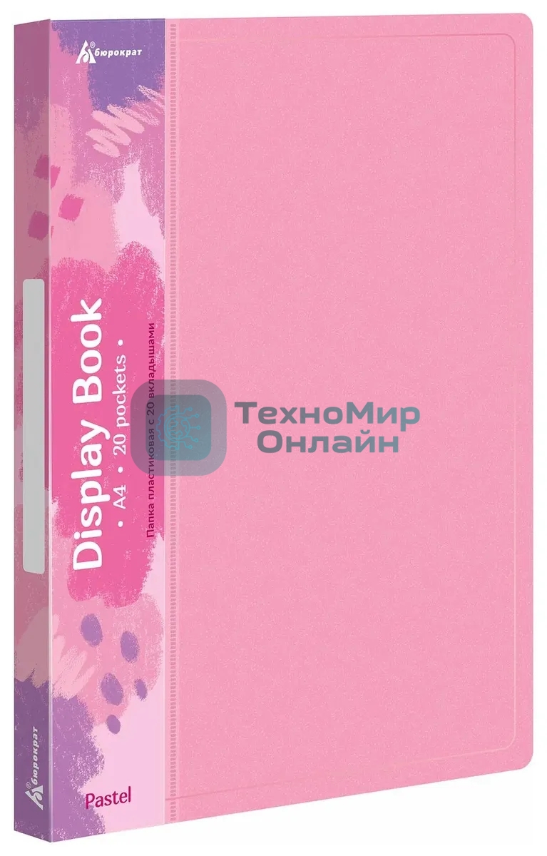 Папка с 20 прозрачными вкладками Бюрократ Pastel PAST20PINK A4, пластик, 0.5мм, торцевой карман с бумажной вставкой, розовый