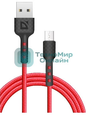 Кабель Defender F181, USB 2.0 (AM) - microUSB 2.0 (BM), 1 м, 2.4А, нейлоновая оплетка, красный.