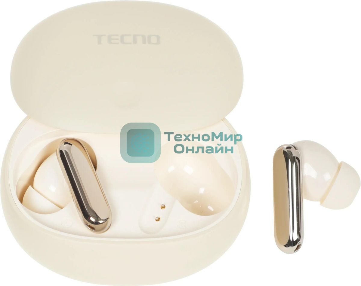 Наушники TWS Tecno True 1 (TU01) белый (кремовый), внутриканальные, Bluetooth, адаптивное шумоподавление, до 6 ч