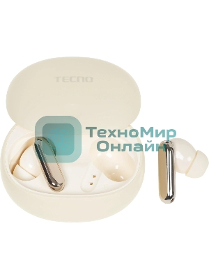 Наушники TWS Tecno True 1 (TU01) белый (кремовый), внутриканальные, Bluetooth, адаптивное шумоподавление, до 6 ч