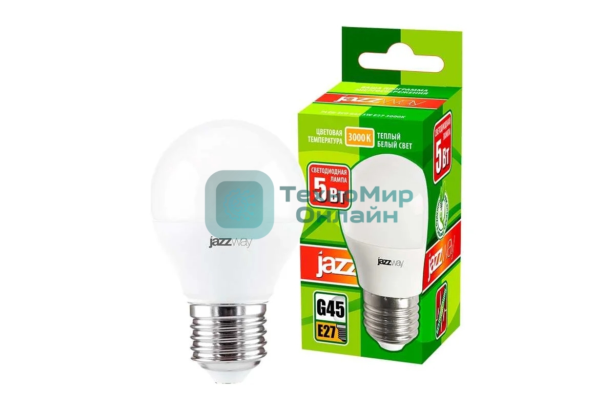 Лампа светодиодная JazzWay PLED-ECO-G45 5Вт шар 3000К теплый белый E27 400лм 220-240В