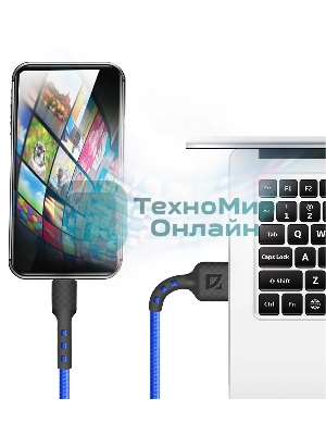 Кабель Defender F181, USB 2.0 (AM) - microUSB 2.0 (BM), 1 м, 2.4А, нейлоновая оплетка, синий.