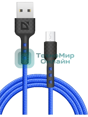 Кабель Defender F181, USB 2.0 (AM) - microUSB 2.0 (BM), 1 м, 2.4А, нейлоновая оплетка, синий.