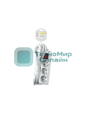 Сетевой удлинитель IEK У03К, выкл. 3 места, 2 Р + P Е/5 метров, 3х1 мм2, 16А/250, белый