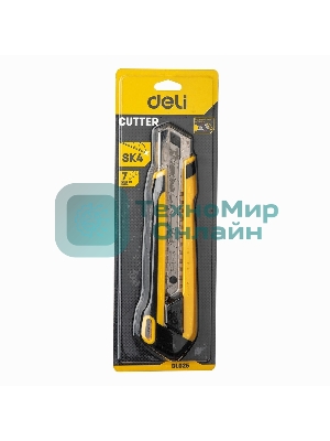 Технический нож Deli DL025 25мм SK4. 2-ступенчатое лезвие. Ударопрочный и обрезиненный корпус. Кнопка автоматической блокировки.
