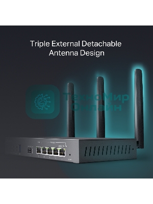 VPN-маршрутизатор TP-Link ER706W Omada с гигабитными портами и поддержкой Wi-Fi AX3000, 1 гиг. SFP WAN/LAN, 1 гиг. RJ45 WAN, 4 гиг. RJ45 WAN/LAN, USB 3.0, до 574 М/с на 2,4 ГГц + до 2402 М/с