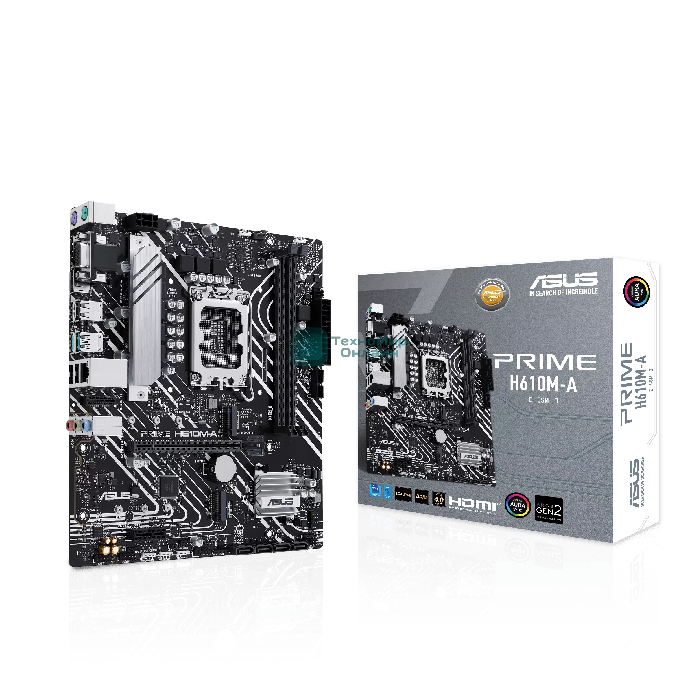 Материнская плата ASUS PRIME H610M-A-CSM, LGA 1700, Intel H610, 2xDDR5, 4xSATA, 2xM.2 PCIe 3.0 (x2, x4), 1xPCIe 4.0 x16, 1xPCIe x1, 1xHDMI, 1xDP, 1xVGA, 2xUSB-A 3.2 Gen 2, 4xUSB-A 2.0, 1x 1Gb LAN, 3x3.5 мм, 7.1, mATX