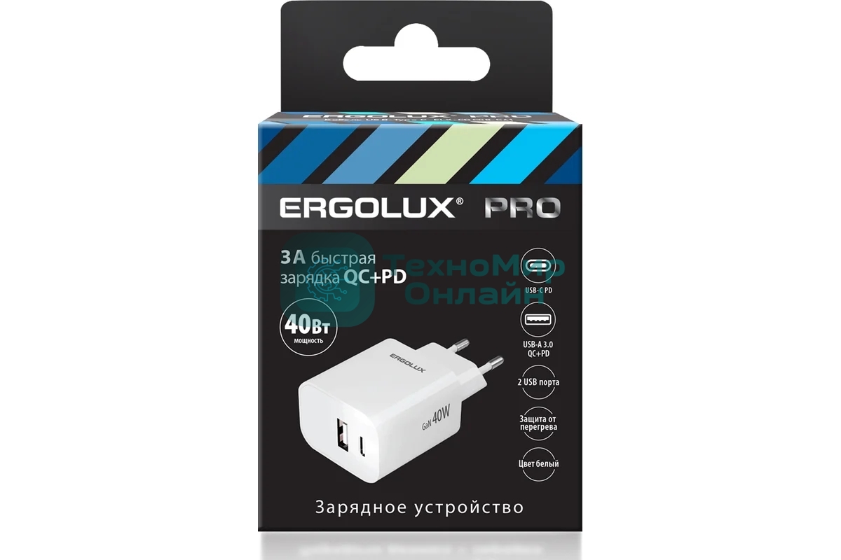 Сетевое зарядное устройство ELX-РA04QC-C01 GaN 40Вт 1USB+1Type C 100-270В 5В-12В/3 3А QC бел. Ergolux 15294